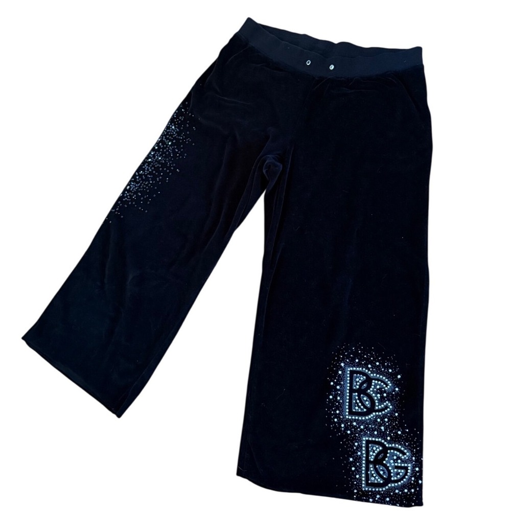 Y2K 2000s style BCBG Black Velour Rhinestone Logo Wide Leg Bottoms